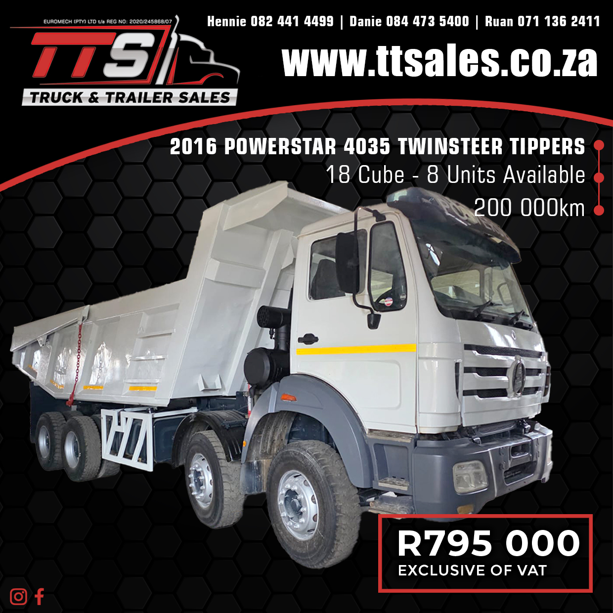 2016 POWERSTAR 4035 18-CUBE TWINSTEER TIPPER TRUCKS