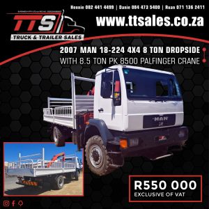 2007 MAN 18-224 4X4 8 TON DROP SIDE With 8.5 TON PK 8500 PALFINGER CRANE