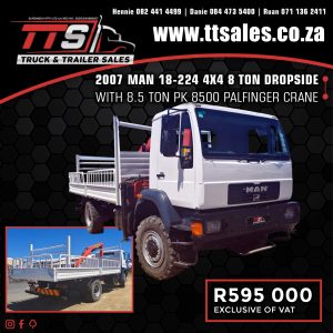 2007 MAN 18-224 4X4 8 TON DROP SIDE With 8.5 TON PK 8500 PALFINGER CRANE