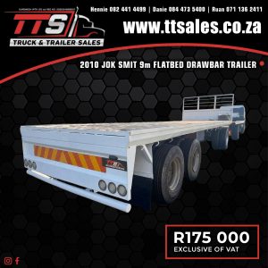 2010 JOK SMIT 9m FLATBED DRAWBAR TRAILER