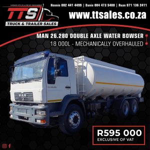 2013 MAN 26.280 DOUBLE AXLE 18000L ALUMINIUM WATER BOWSER TRUCK