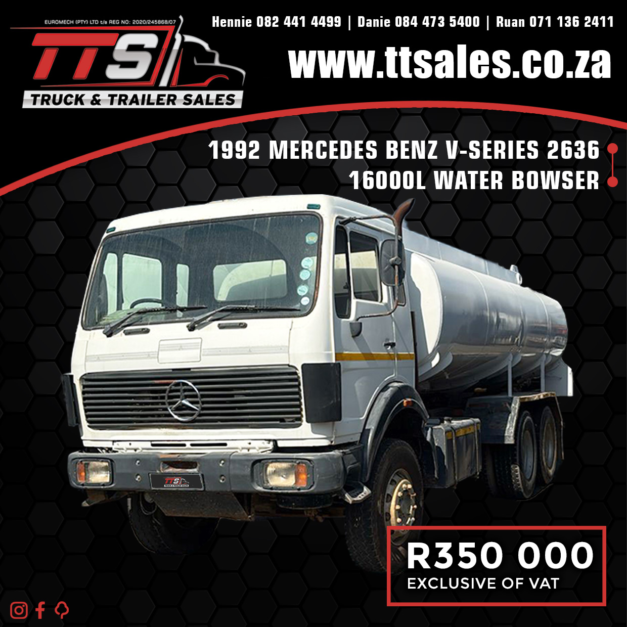 1992 MERCEDES BENZ V-SERIES 2636 16000L WATER BOWSER